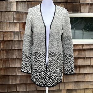 Rafaella Grey Leopard Print Long Cardigan in Cotton Blend with Faux Leather Trim